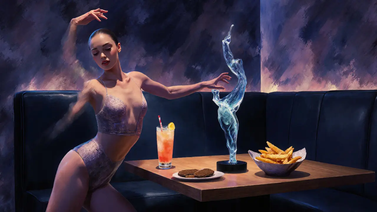 Private booth at an upscale lounge with a dancer in contemporary pose and gourmet snacks.