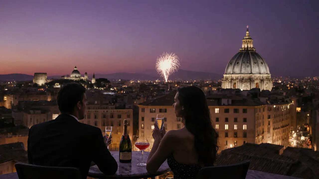Romantic rooftop cocktail at dusk in Rome with the Pantheon in the background, city lights glowing below.