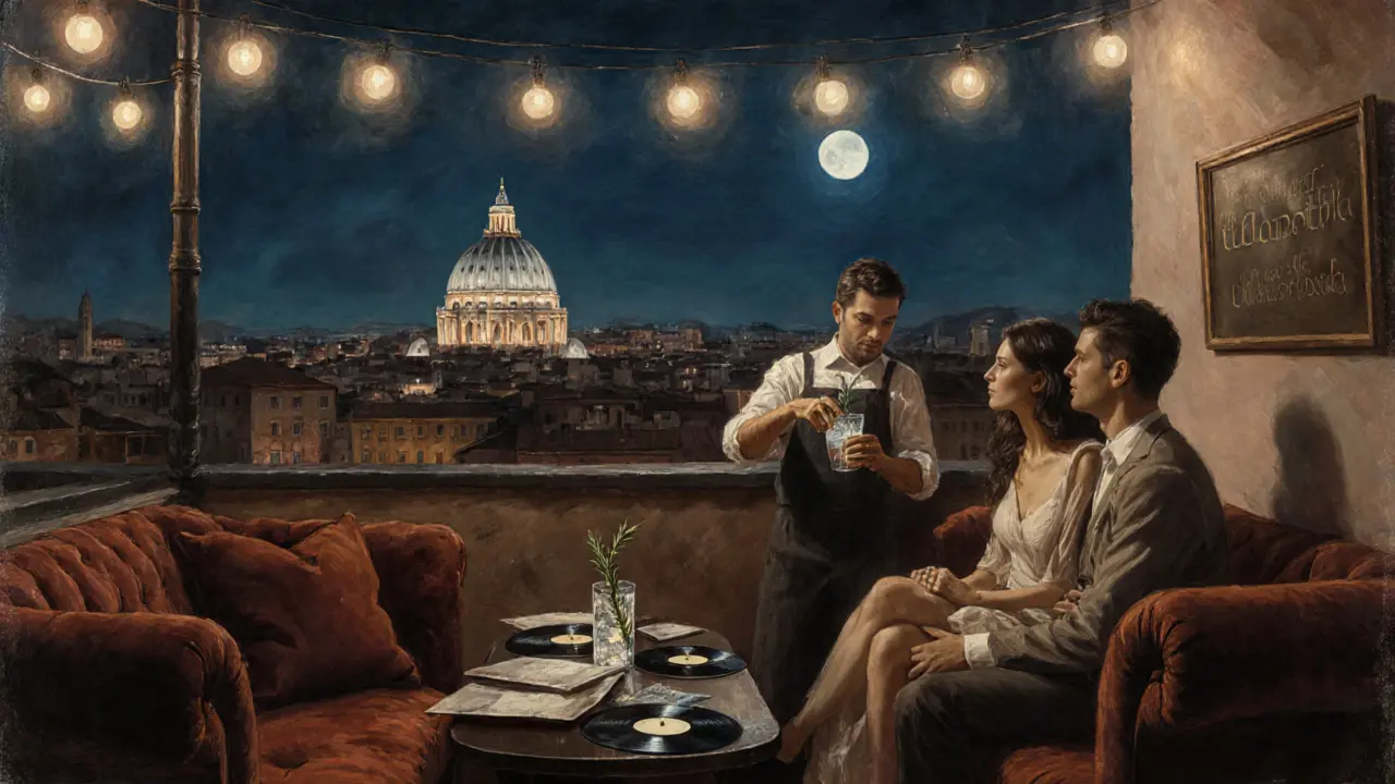Rooftop bar in Rome at night with string lights and St. Peter’s dome in the distance.