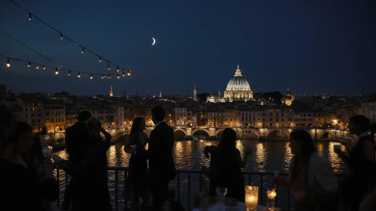 Rooftop club overlooking Rome at night, dancers silhouetted against St. Peter’s Dome and the Tiber River reflecting moonlight.