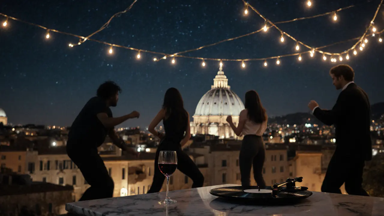 Rooftop party in Rome with silhouettes dancing under starlight, Vatican dome visible in the distance.