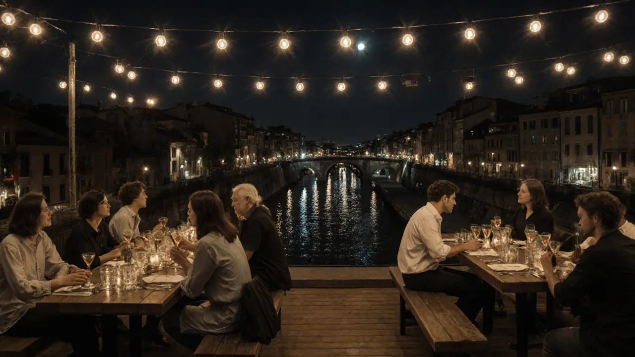 Rooftop terrace at night with string lights, canals reflecting below, and guests enjoying quiet moments with a pianist.