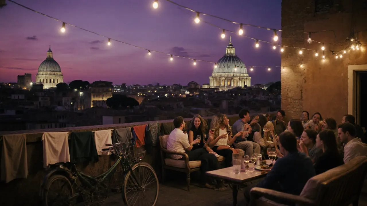 Rooftop terrace with city views, guests sipping wine under fairy lights as the Colosseum glows in the distance.