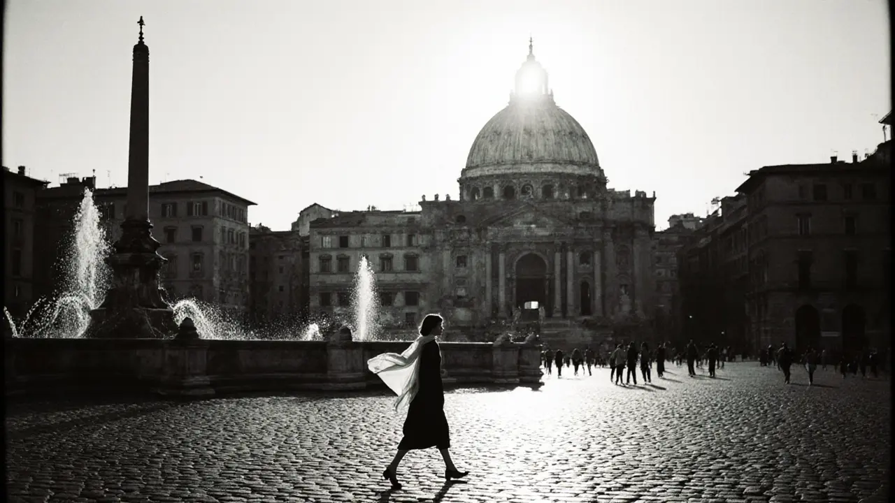 Silhouetted woman walking alone through Piazza Navona at dawn, sunlight illuminating the Pantheon in the distance.