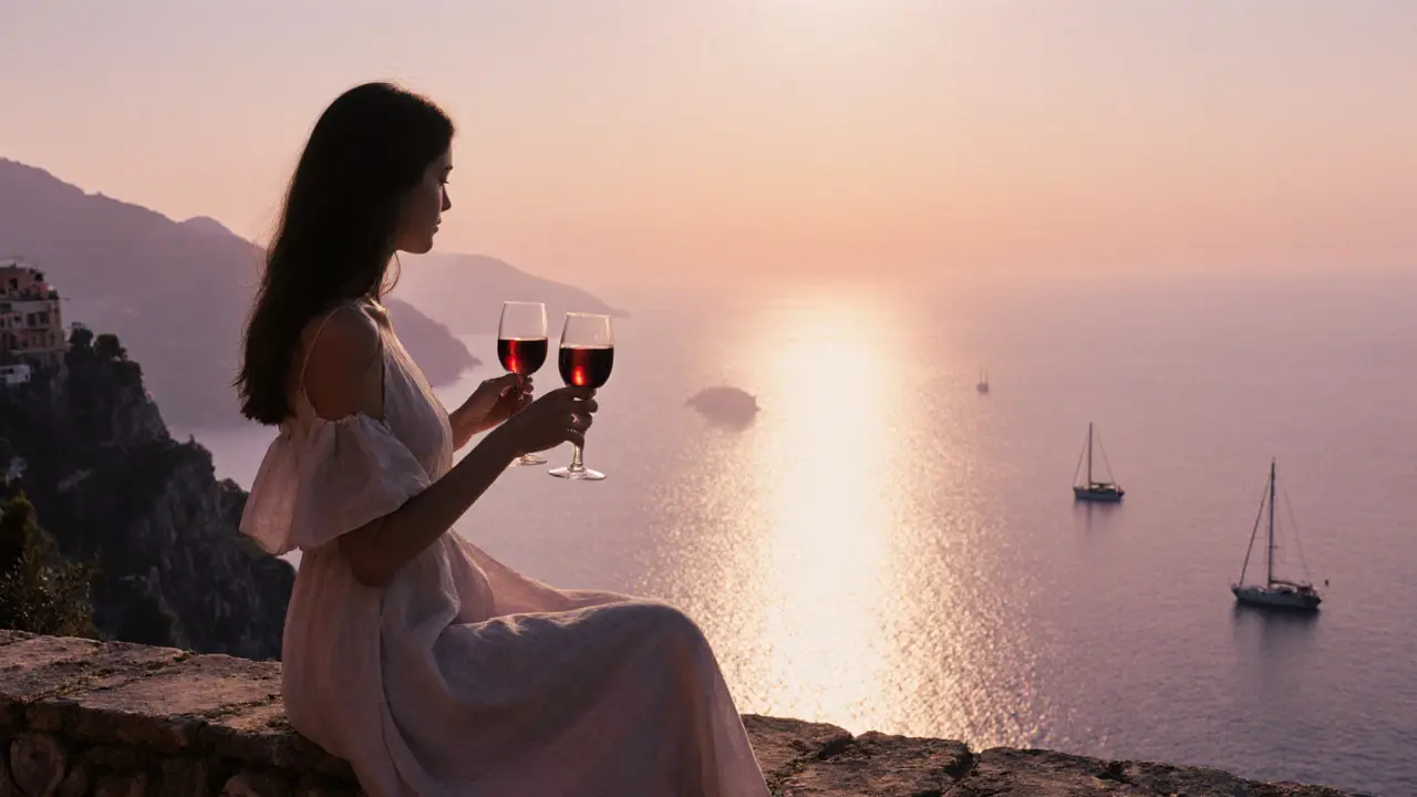 Silhouettes at sunset on a cliffside villa terrace overlooking the Amalfi Coast.
