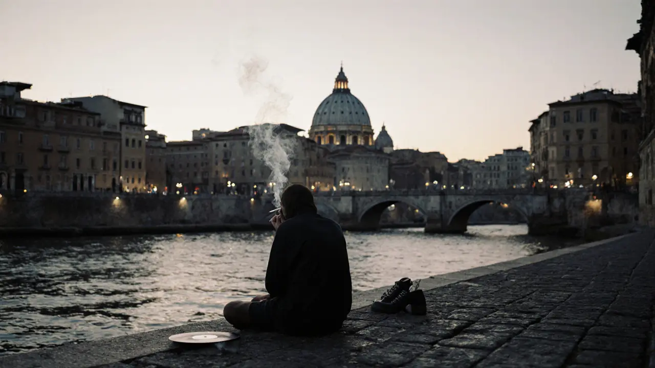 Solitary person by the Tiber River at dawn after a night out in Rome.