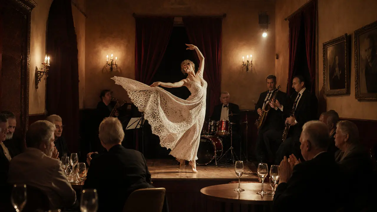 Sophisticated cabaret bar with live jazz, a graceful performer, and an intimate, artistic atmosphere.
