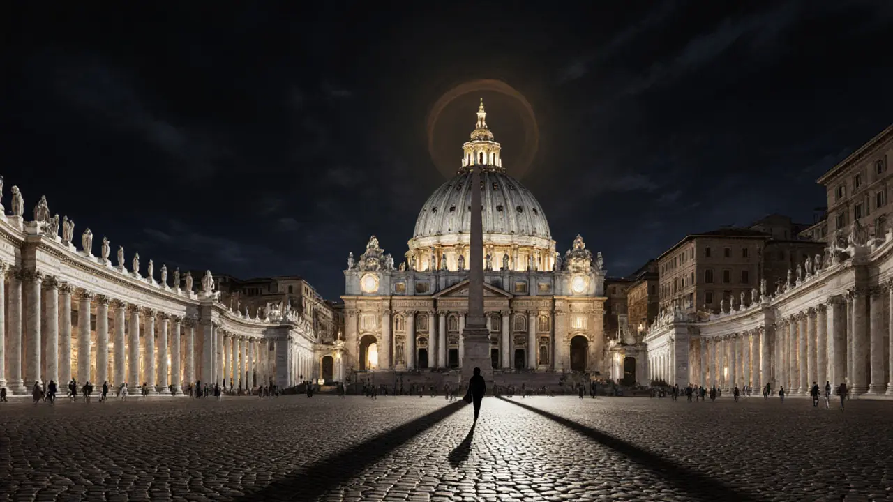St. Peter’s Basilica glowing under a starry sky, its dome haloed in gold, with silent columns framing the empty square.