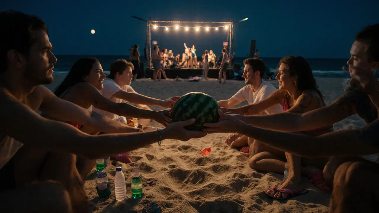 Strangers sharing a watermelon on the sand at night, illuminated by moonlight and string lights, surrounded by festival-goers swaying to music.