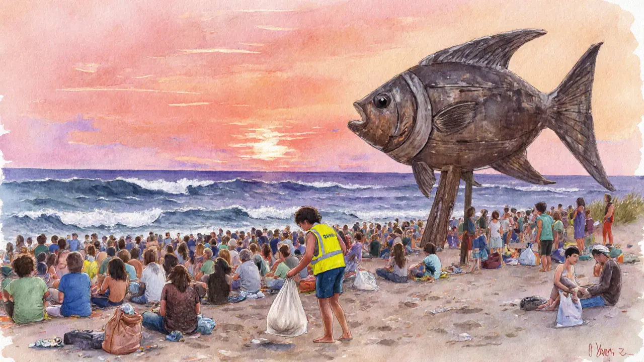 Sunrise at Jova Beach Party, quiet crowd on dunes as a volunteer picks up trash, sky painted in soft pink and lavender tones.