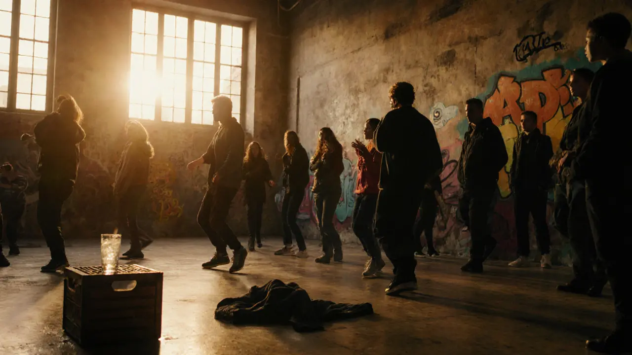 Sunrise inside an abandoned warehouse club, tired revelers swaying as golden light streams through high windows.