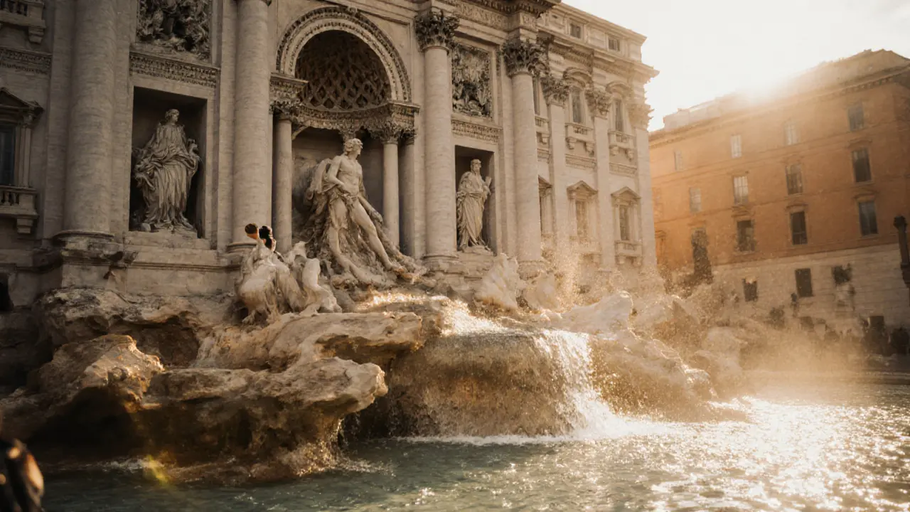 The Trevi Fountain at sunset, water glowing golden under warm light as a figure tosses a coin into the cascading waves.