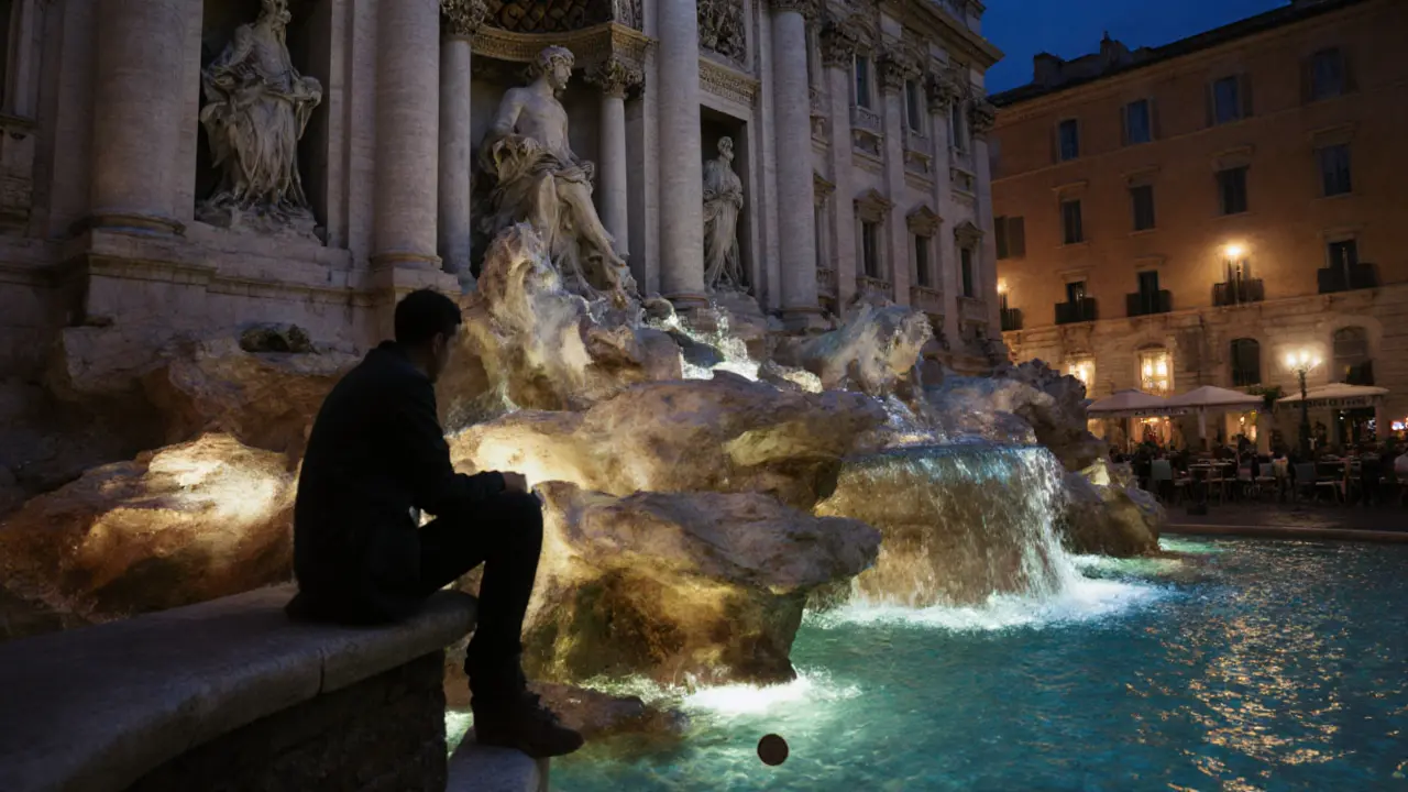 Trevi Fountain shimmering with colored lights at midnight, a lone person sitting quietly by the water&#039;s edge.