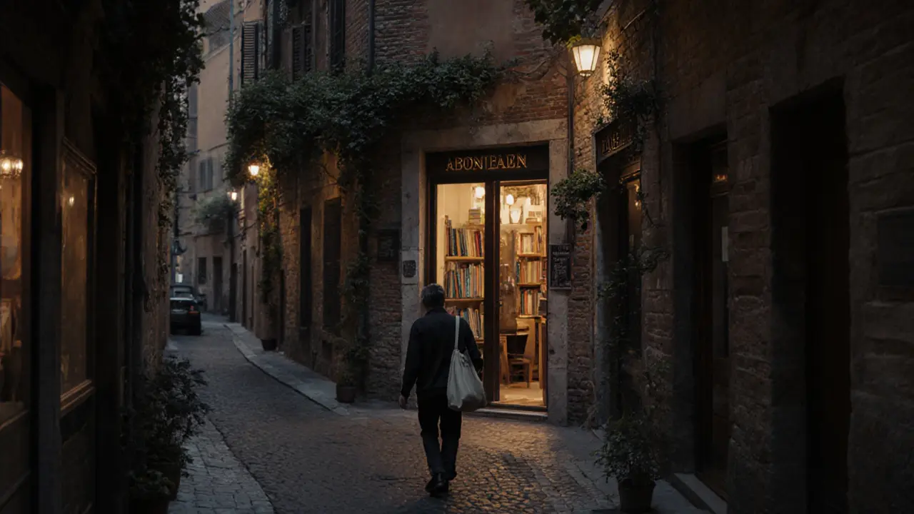 Twilight street in Monti leading to a hidden, signless doorway.