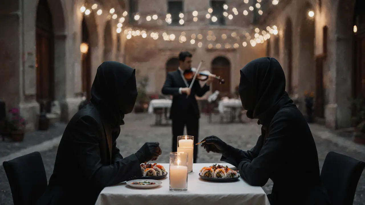 Two figures sharing sushi in a quiet Milan courtyard under string lights, engaged in quiet conversation.