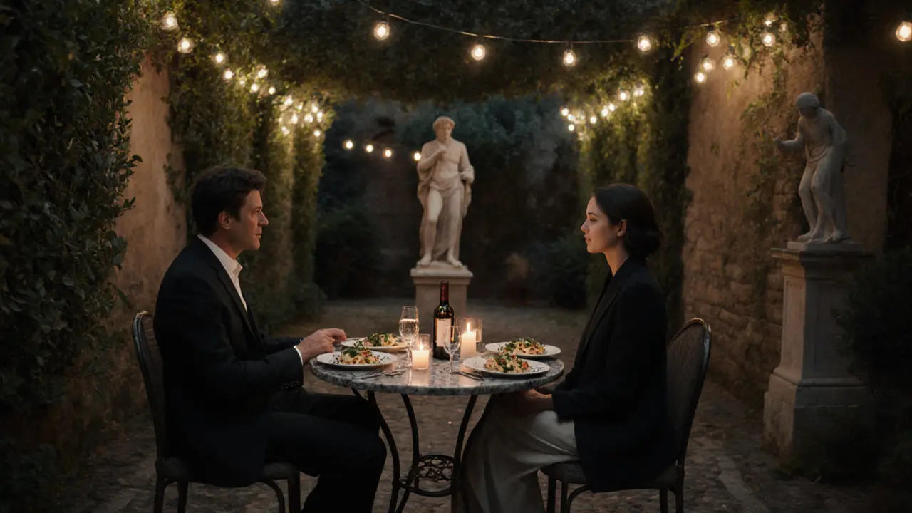Two people enjoy a private dinner in a Roman villa garden at dusk, candlelight on a marble table.