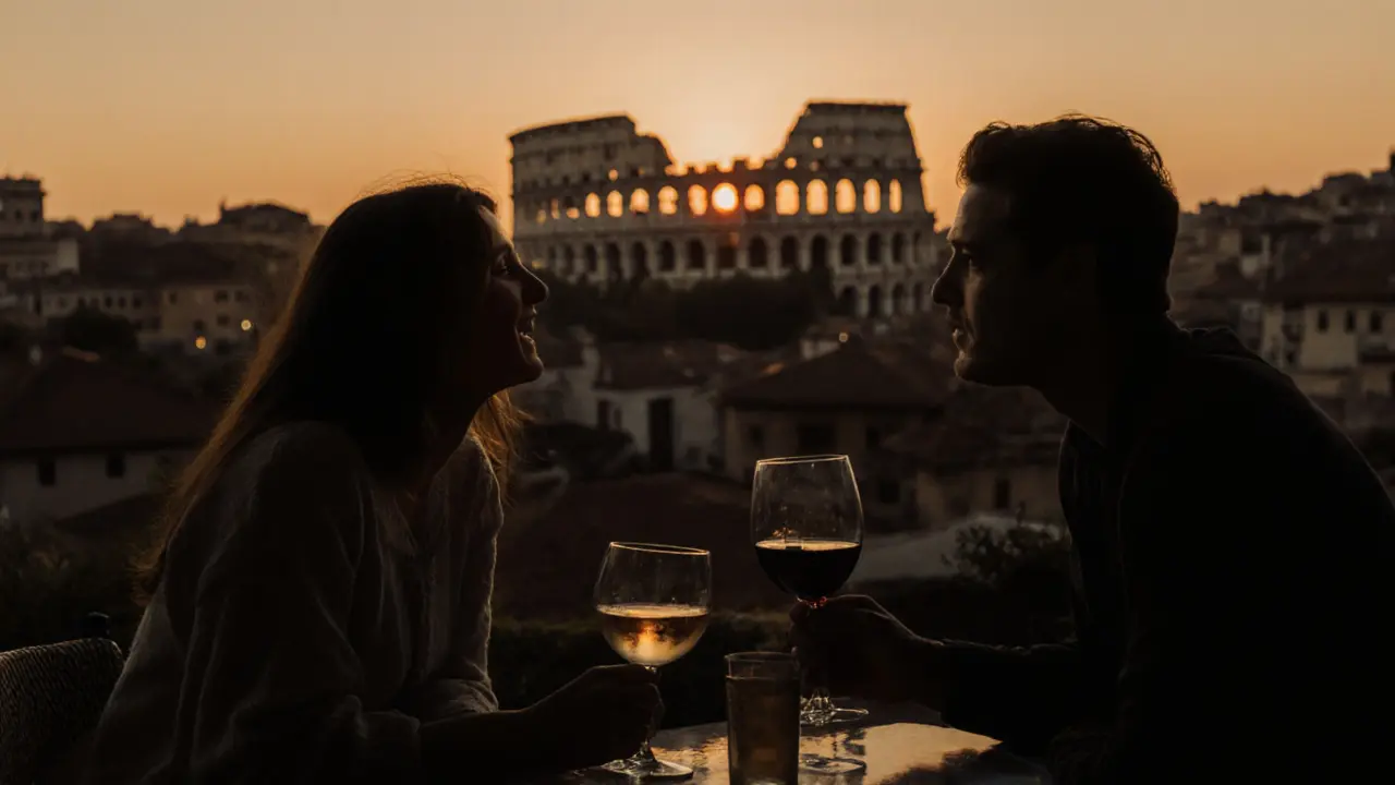 Two people enjoying quiet conversation on a Rome rooftop at dusk
