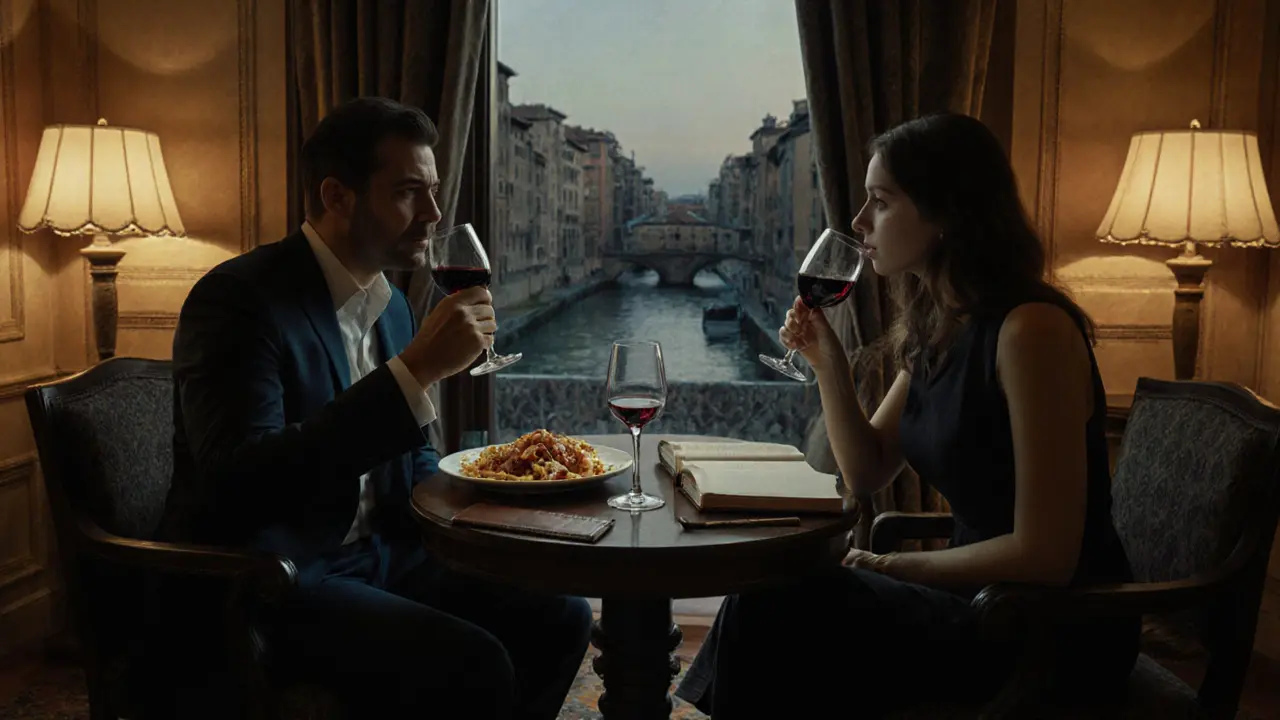 Two people sit in silent companionship in a hotel suite, sharing wine and pasta, no devices, no words, just presence.