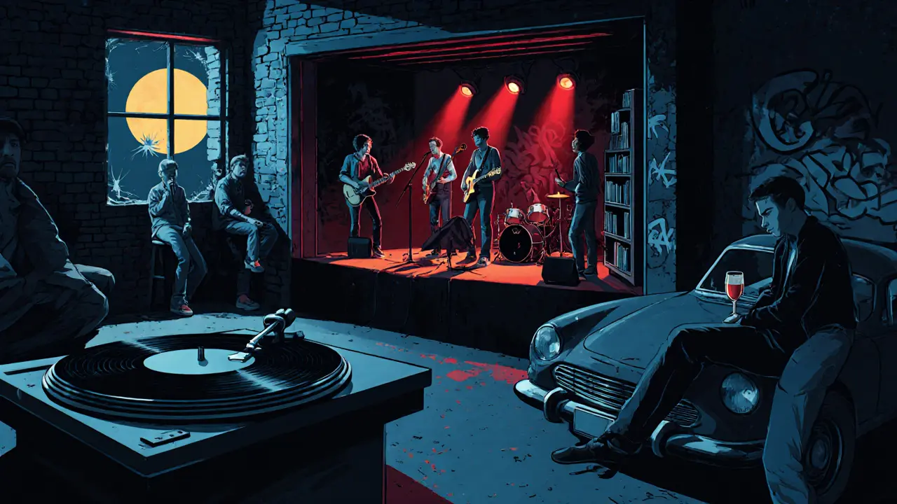 Underground bar in Pigneto with indie band playing, vinyl spinning, and graffiti-covered walls lit by red stage lights.