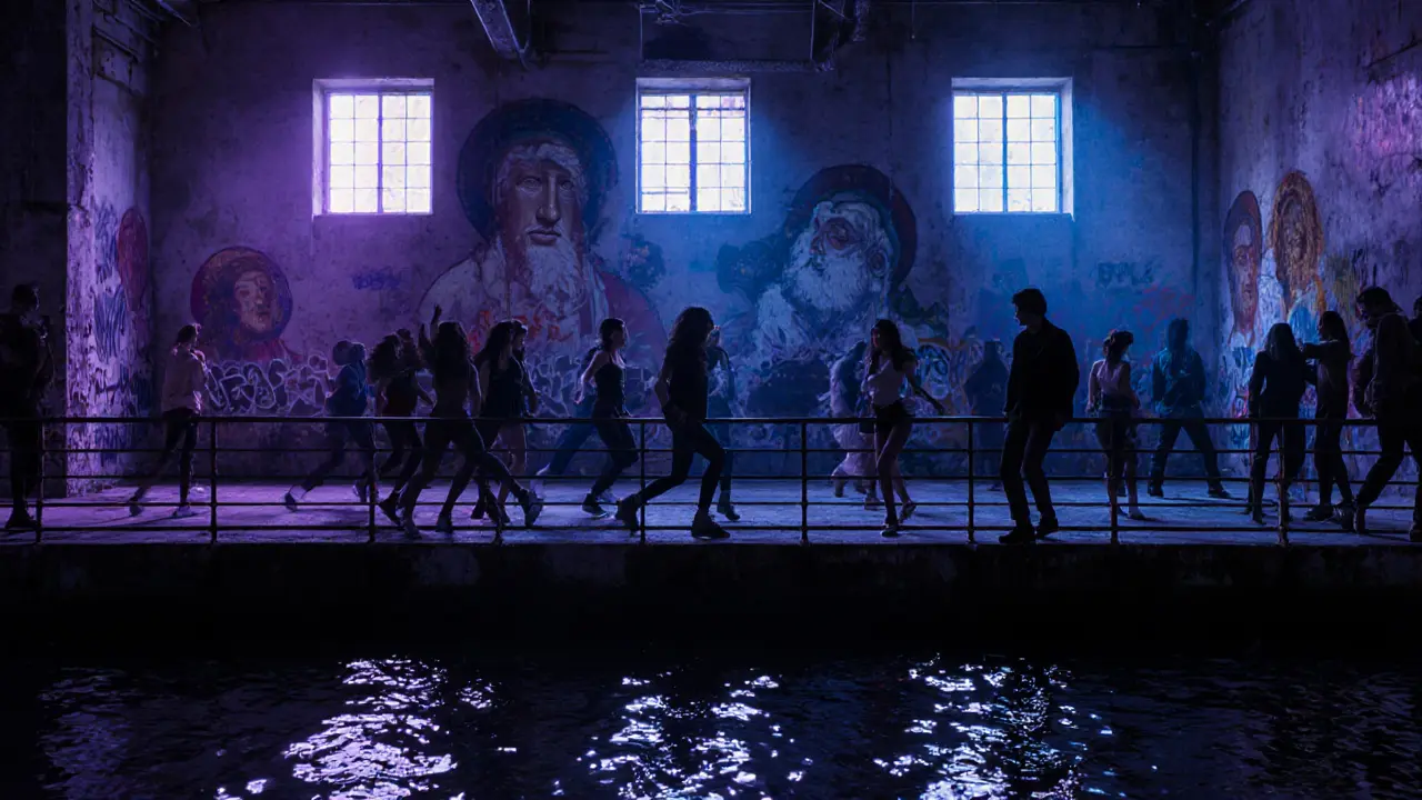 Underground club in Ex Dogana with projections of frescoes, dancers in silhouette, and industrial lighting reflecting off the Tiber River.