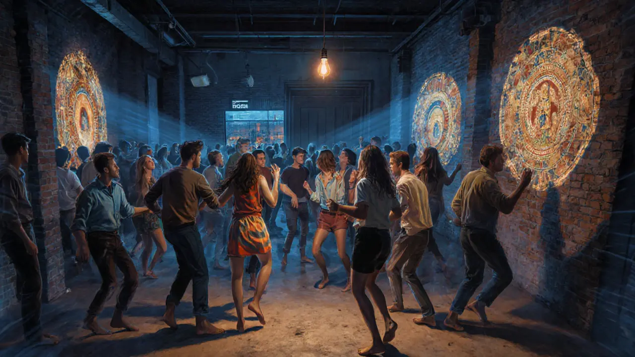 Underground techno club with industrial walls, dancers moving under projected Roman mosaics in dim blue light.