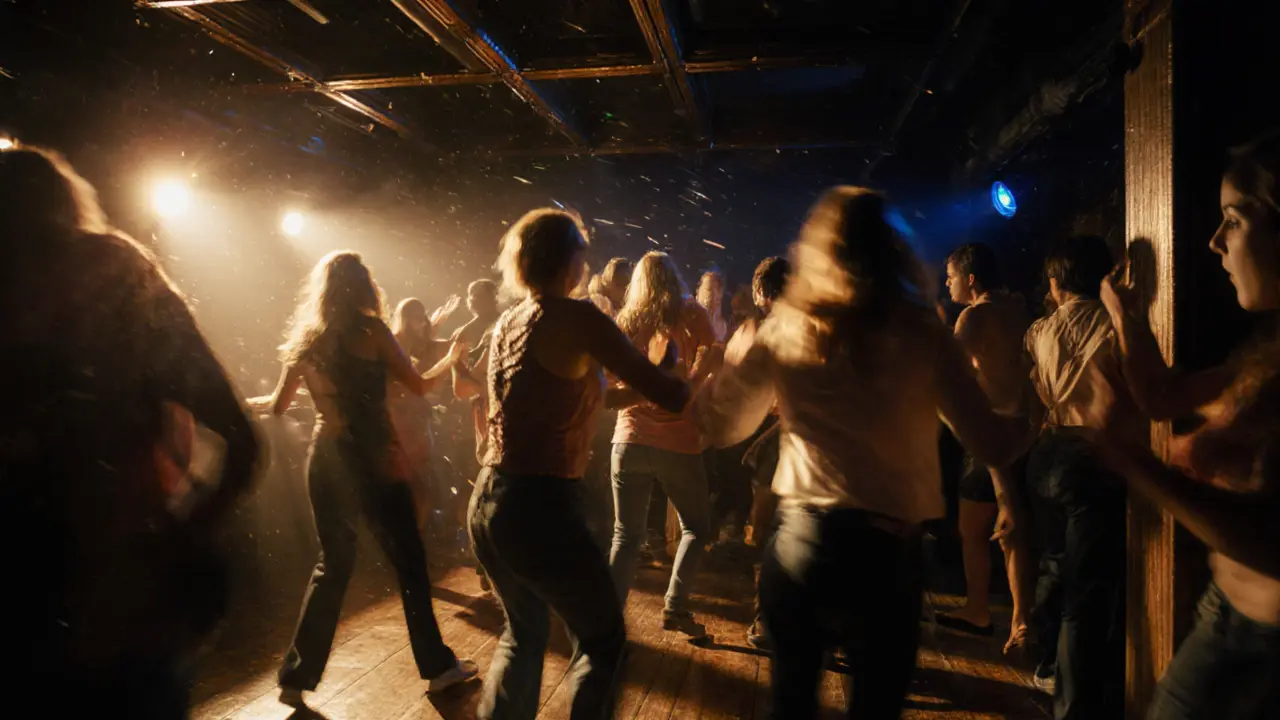 Vibrant Saturday night dance floor with people moving together under disco lights and a custom sound system.
