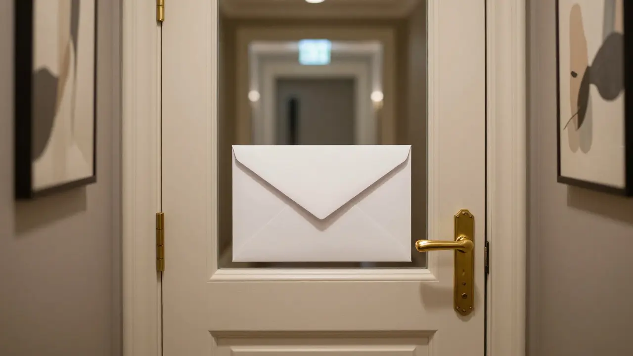 A closed hotel room door with a discreet envelope beneath it, symbolizing privacy and trust.