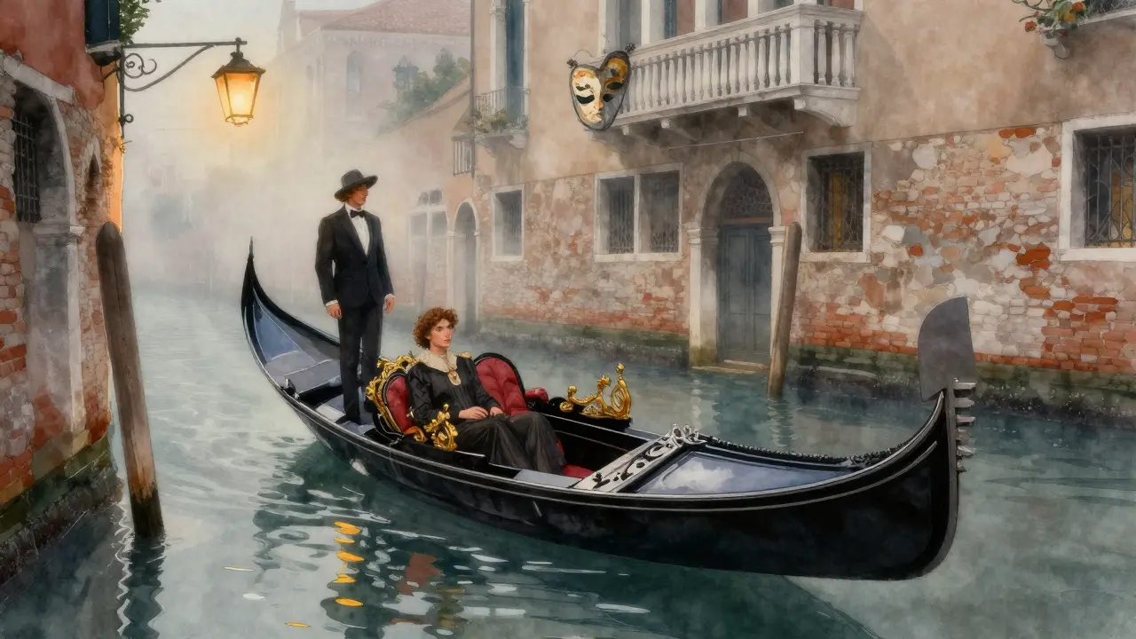 A couple in elegant clothes drift in a gondola through a misty Venetian canal at dusk.