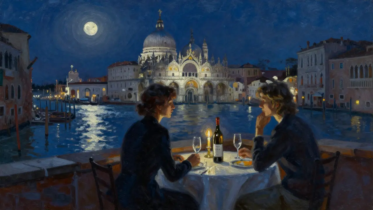 A couple shares a quiet dinner on a Venice rooftop under moonlight, St. Mark’s in the distance.