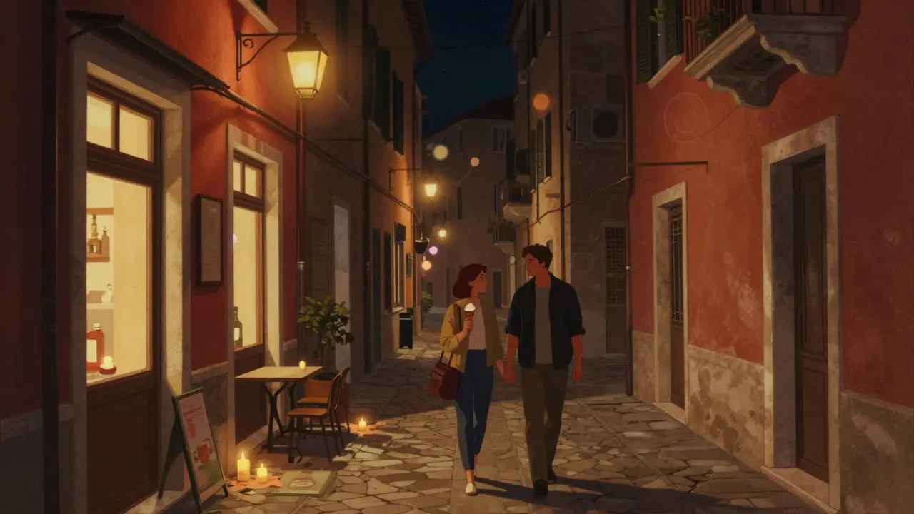 A couple strolls through Trastevere's narrow alleys holding gelato under glowing windows.