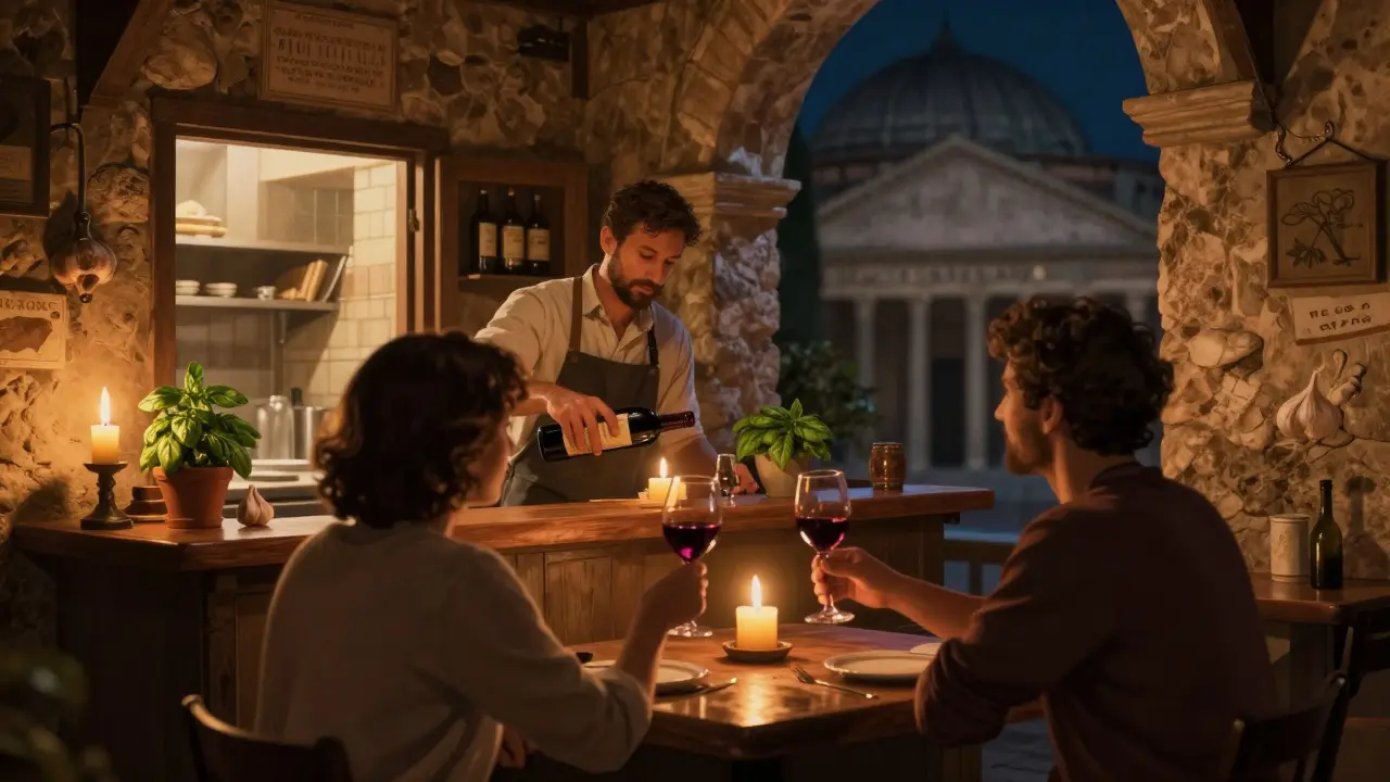A cozy Roman wine bar at night with candlelight, locals drinking wine, and the Pantheon visible through the window.