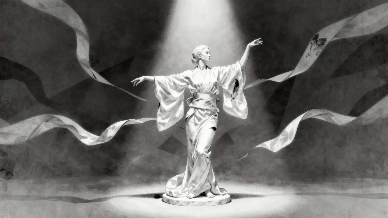 A disciplined Japanese dancer in white silk under a single spotlight, surrounded by floating silk ribbons.