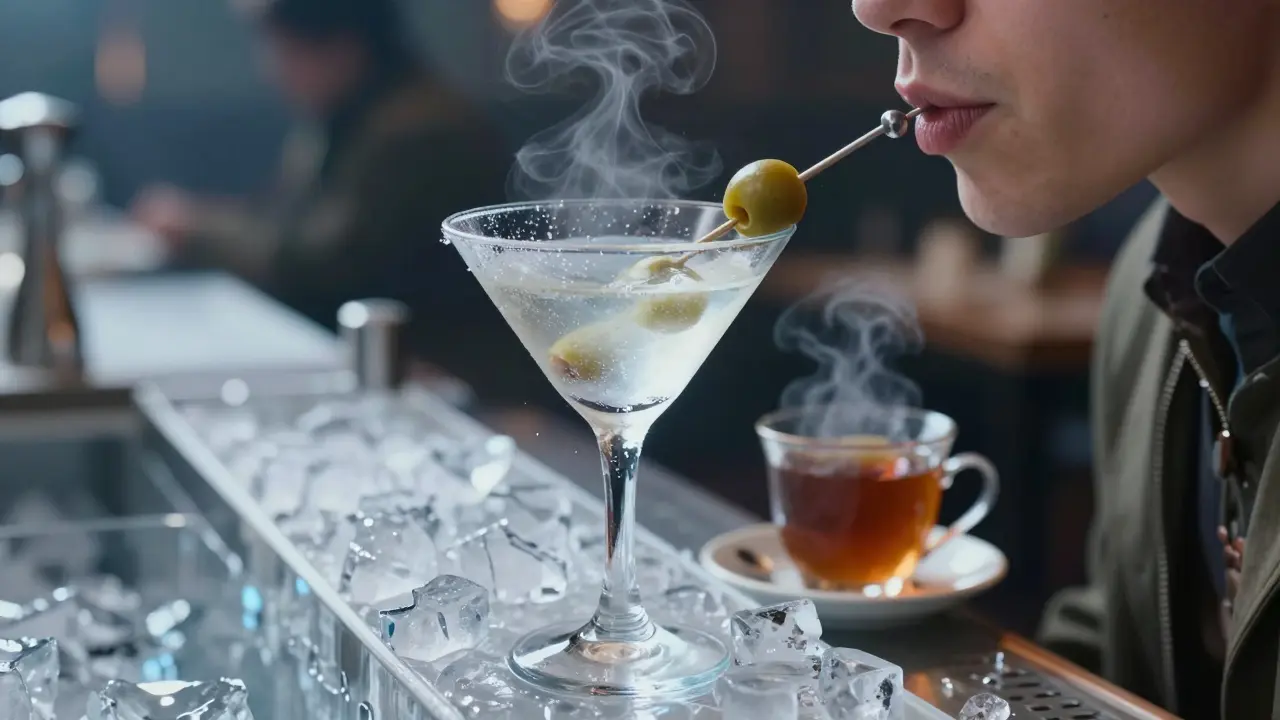 A frozen cocktail glass melting slightly on an ice bar, with a metal skewer holding a frozen olive nearby.