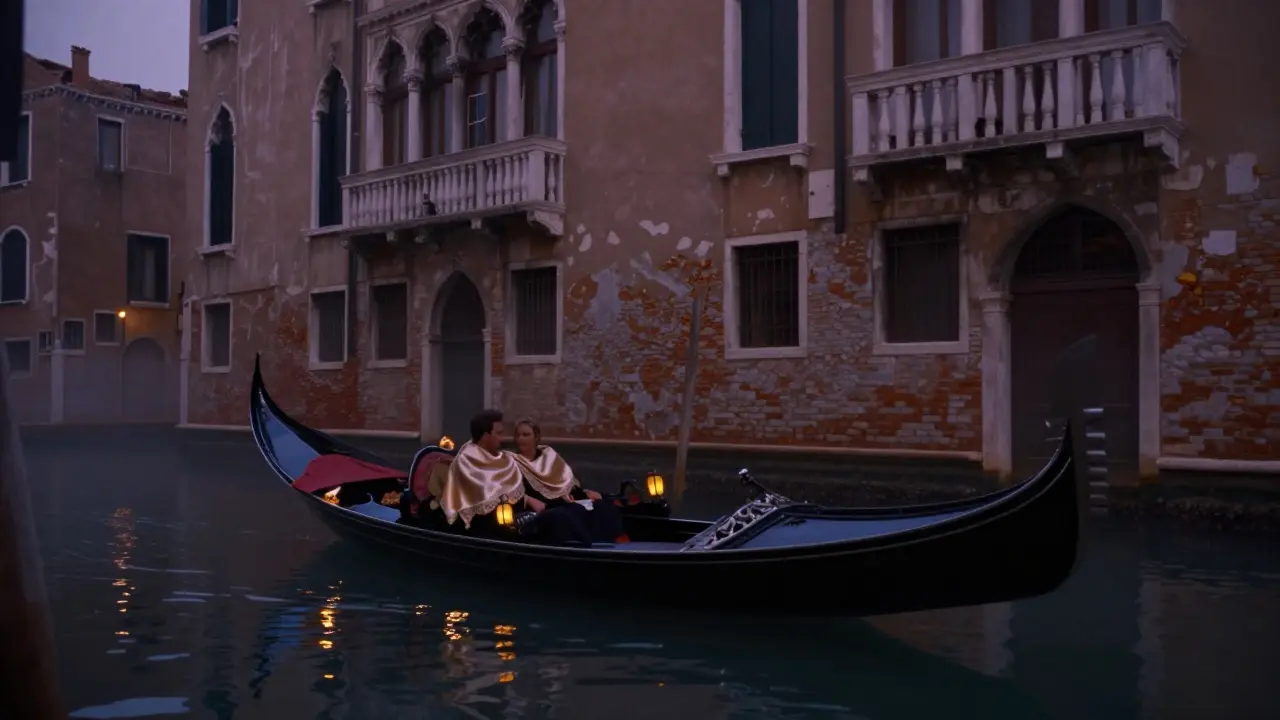 A gondola glides through a quiet Venetian canal at dusk, lantern light reflecting on water.