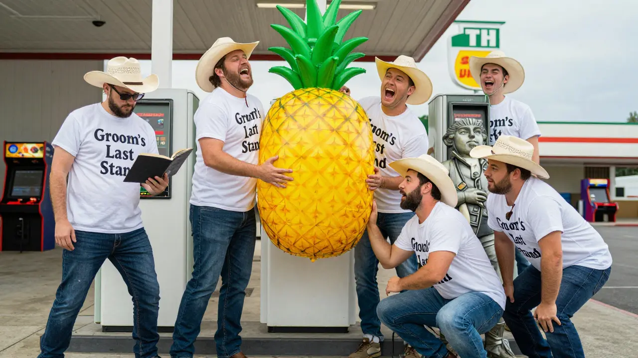 A group of men in custom shirts pose humorously in front of a gas station with cowboy hats and a pineapple.