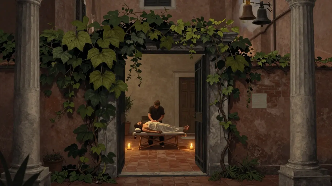 A hidden courtyard in Trastevere at dusk where a traditional Roman massage is being performed under candlelight.