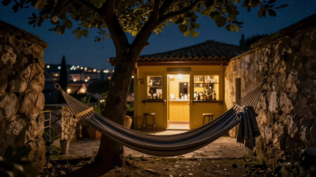 A hidden courtyard with a hammock, fig tree, and stars above, lit softly by the yellow bar&#039;s back door.