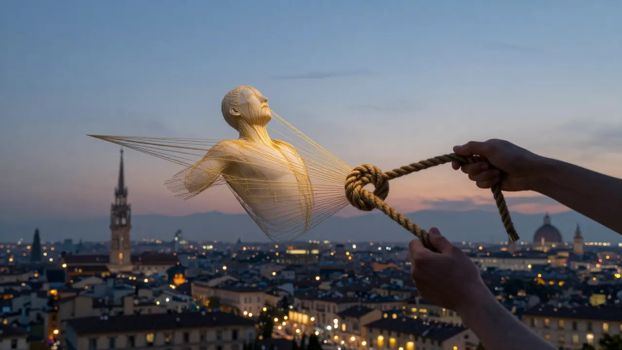 A human body as a tangled rope knot unraveling into light above Milan's skyline, symbolizing stress release.