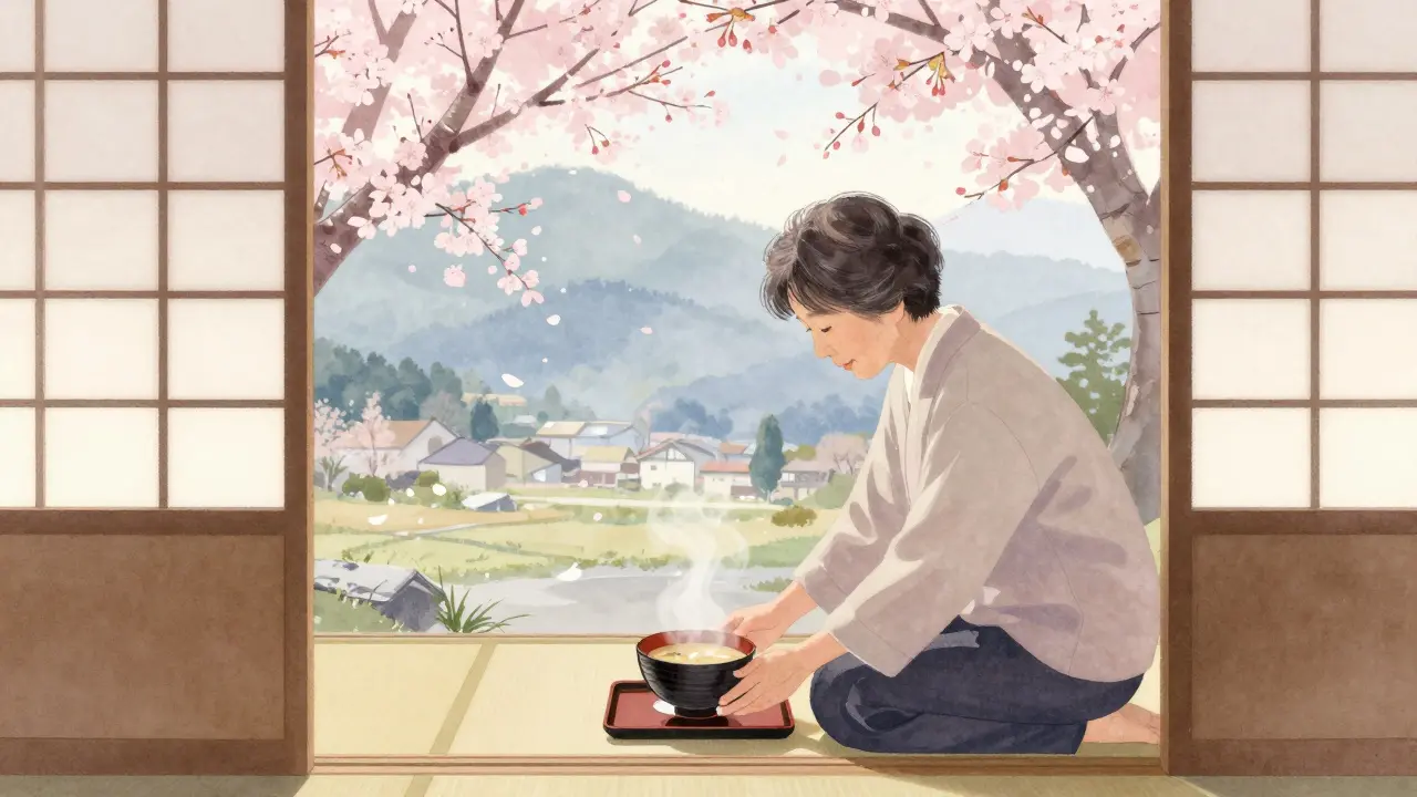 A Japanese elder leaves miso soup outside a guest&#039;s door at dawn under falling cherry blossoms.