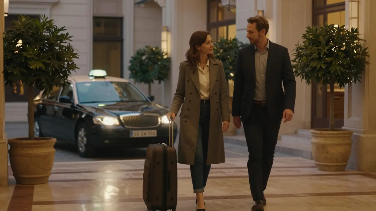 A man and woman leaving a luxury hotel together at dusk, discreet and dignified.