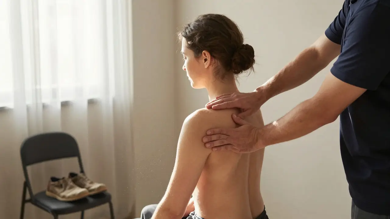 A myofascial release session in a minimalist Navigli studio, with therapist applying gentle pressure and work shoes beside a chair.