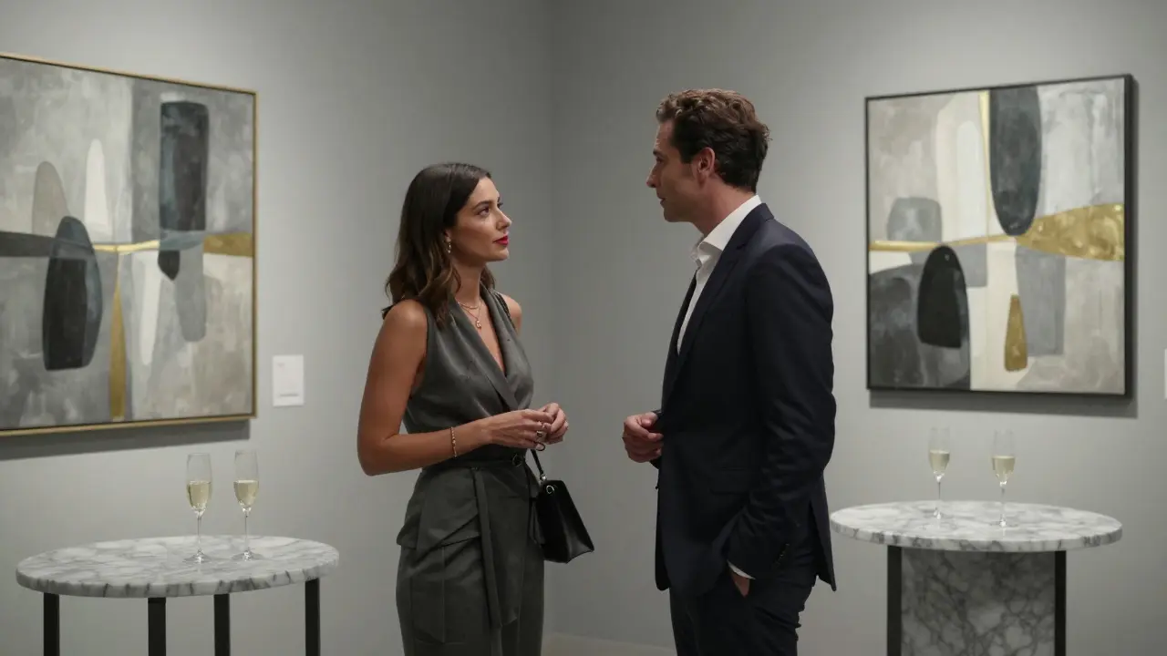 A professional woman and man in elegant attire conversing at a Milan art gallery opening.