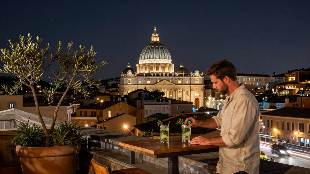 A quiet rooftop bar with a view of St. Peter’s dome lit up under a starry Roman night sky.