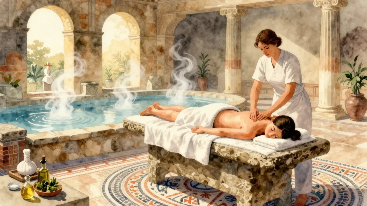 A spa treatment at ancient Roman baths with thermal steam, herbal poultices, and stone tables under golden light.