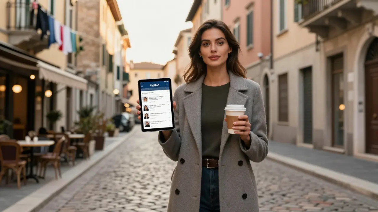 A stylish woman standing in Navigli at golden hour, holding coffee near canal-side cafés.