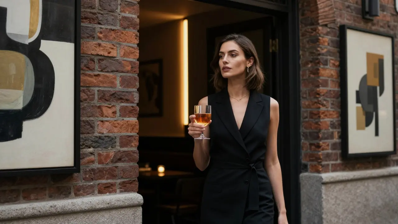 A stylish woman stands outside a hidden Milan bar, holding a cocktail in the dim glow of neon lights.