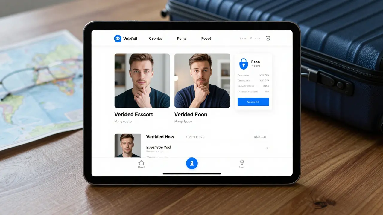 A tablet displaying verified escort profiles with clear pricing and security badges.