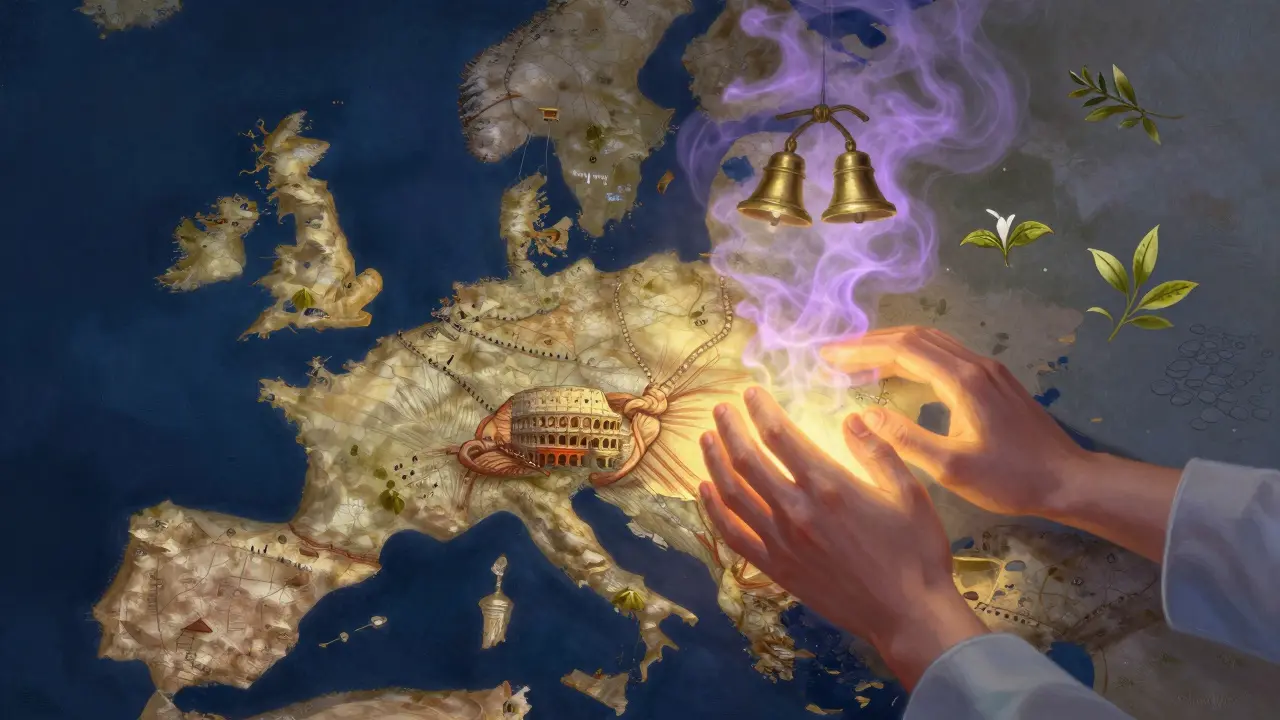 A traveler’s body mapped to Rome, with tension dissolving into lavender smoke as a therapist’s hands bring calm.