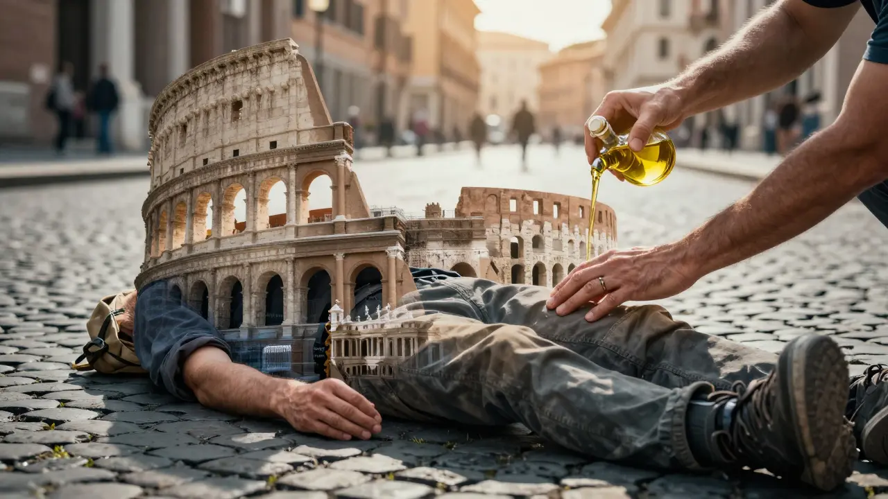 A traveler’s tired body overlaid with Roman landmarks, being soothed by golden oil as tension dissolves into light.