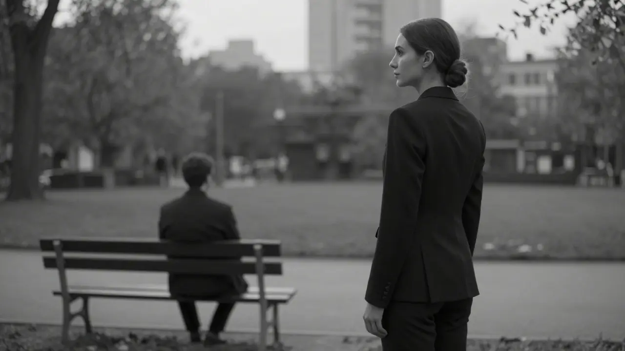 A woman in a tailored suit standing at dawn near a park bench, radiating calm companionship.
